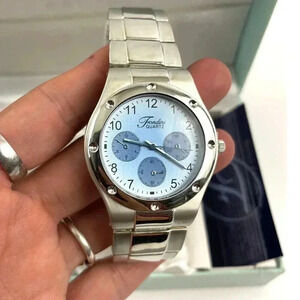Fondini Watch Silver Blue Face Quartz Womens Original Box Swiss Driven Movement